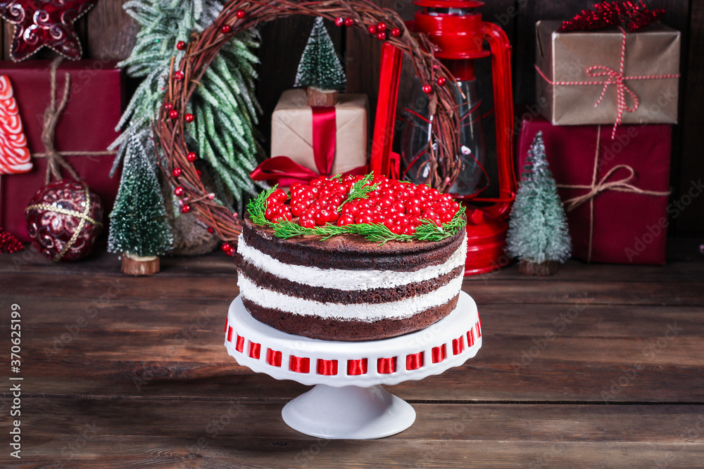 chocolate cake cranberry red berries merry christmas new year dessert baking food background top view copy space for text