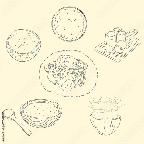 Delicious Doidoi Cakes & Ingredients Illustration, Food From Aceh Indonesia, Sketch Style