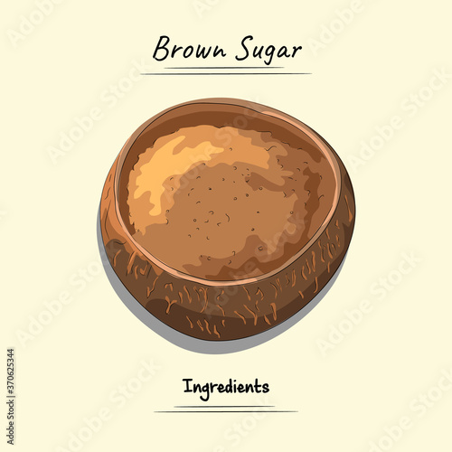 Brown Sugar On Palm Cup Illustration, Ingredients For Cooking Some Food, Sketch & Vector Style