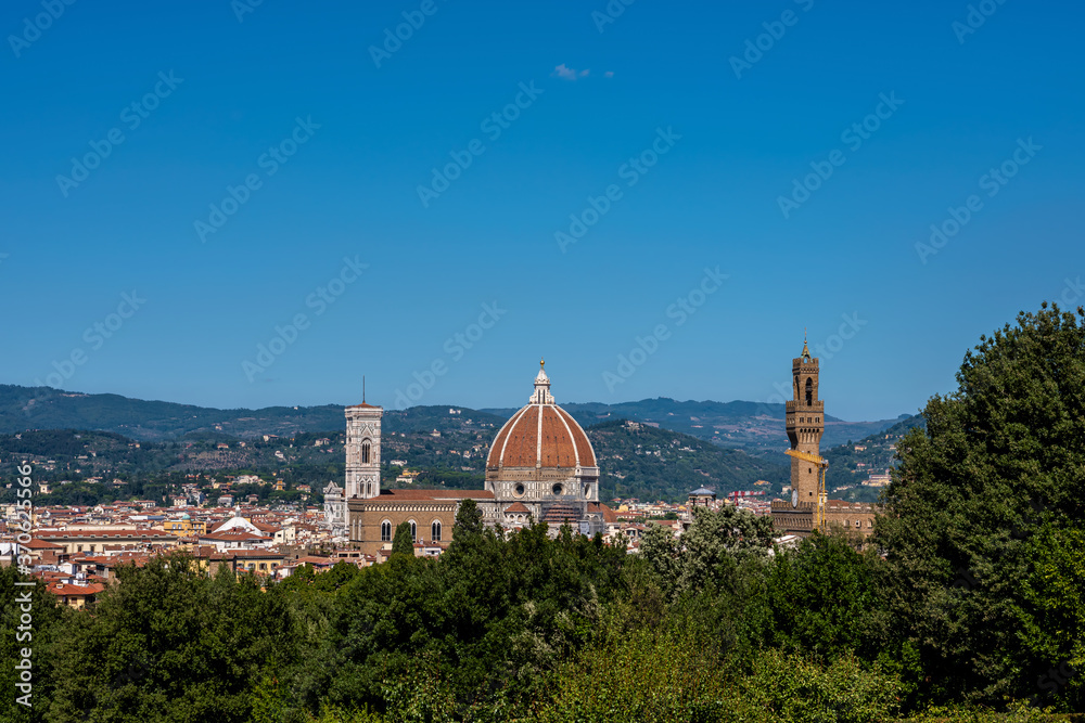 View of Florence from the Coffe House in Boboli gardens, Italy. Selective focus. 