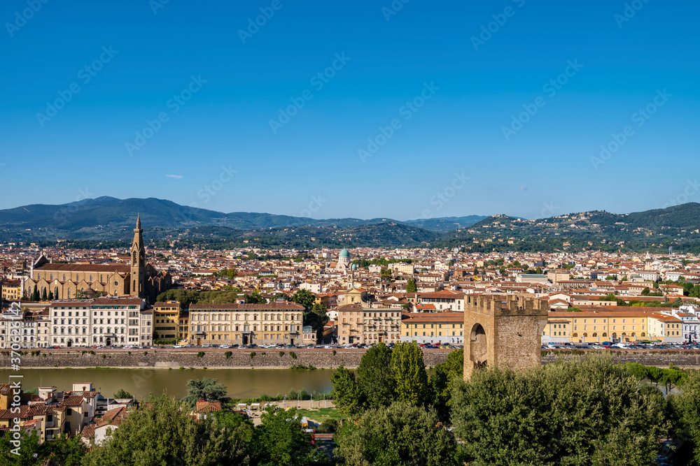 Picturesque view of Florence from Michelangelo Square, Italy. Selective focus. 