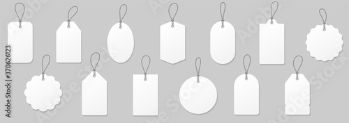 Set blank white paper price tags or gift tags. Paper labels with cord. Set template shopping labels with shadow - stock vector.