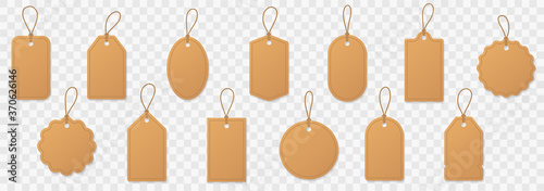 Set blank paper price tags or gift tags. Paper labels with cord. Set template shopping labels with shadow - stock vector.