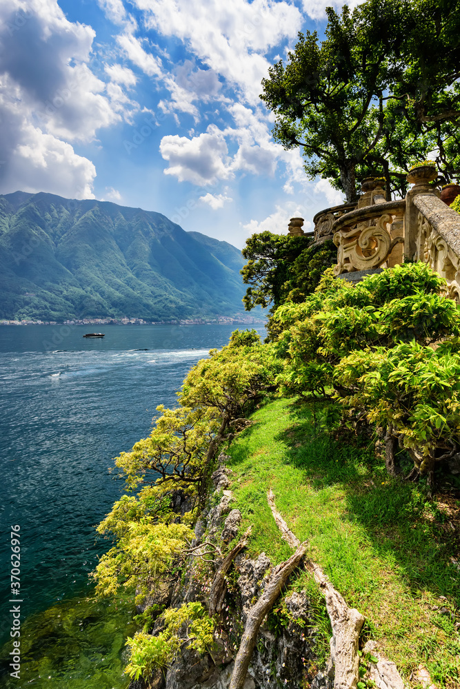 Lake Como coastline, view of the lake and surrounding mountains