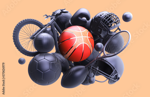 Sport balls pile rendering, mono colored background. Soccer, tennis, basketball, football,boxing, volleyball equipment set isolated on orange background.