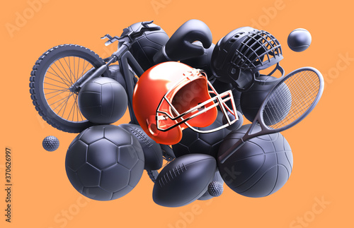 Football helmet 3D rendering.Sport balls pile rendering, mono colored background. Soccer, tennis, basketball, football,boxing, volleyball equipment set isolated on orange background.