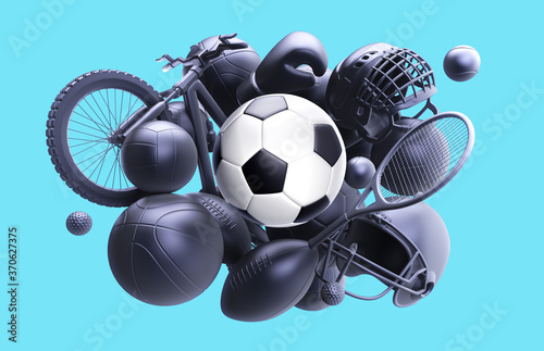 Soccer ball 3D rendering. Sport balls pile rendering, mono colored background. Soccer, tennis, basketball, football,boxing, volleyball equipment set isolated on blue background.