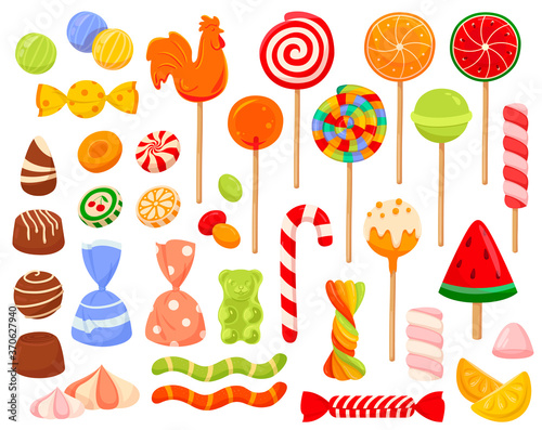 Large set of colorful candy and sweets icons with lollipops, chocolates candy canes and assorted shapes of boiled or jelly sweets, colored vector illustration on white