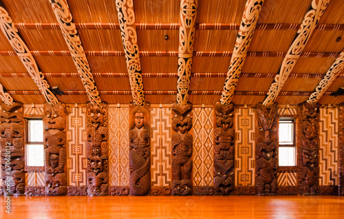 Interior of Maori meeting house in Waitangi, New Zealand
