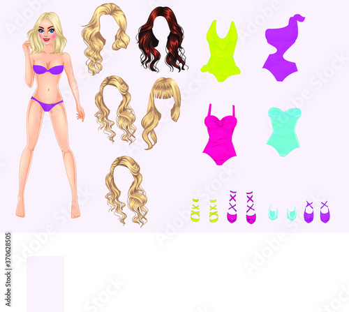 
Beautiful sexy young women in purple bikini isolated on white background. Beach summer lady with with perfect  body vector