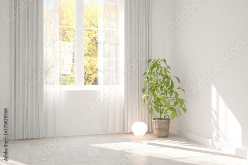 White stylish empty room with autumn landscape in window. Scandinavian interior design. 3D illustration © AntonSh