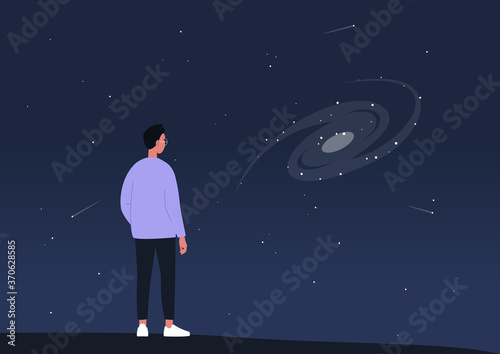 Cosmic landscape, astronomy science, a young male character observing a spiral galaxy on a dark sky