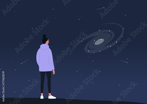Cosmic landscape, astronomy science, a young female character observing a spiral galaxy on a dark sky