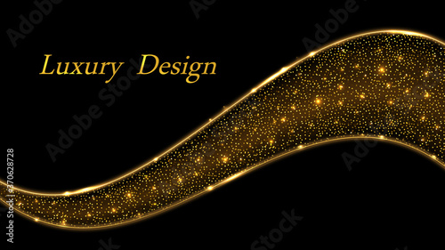 Gold glittering wave swirl with shiny sparkles and golden glowing paticles. Luxury design for abstract poster or banner background with light effect. Vector illustration