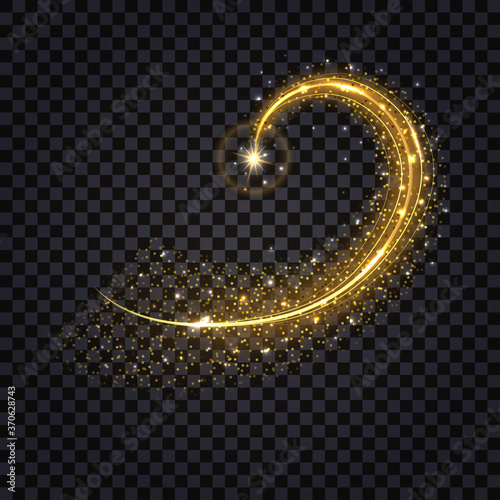 Magic gold swirl wave with glowing light effect. Golden  shiny sparkles, dynamic spiral trail. Abstract vector illustration, isolated element
