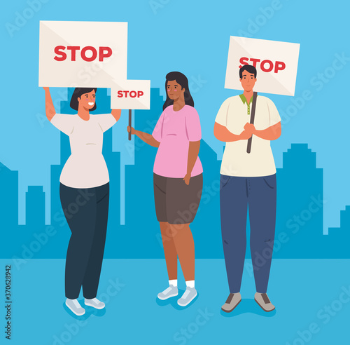 people group with protests placards, group people holding banners, activists with strike manifestation sign, human right concept vector illustration design © Gstudio