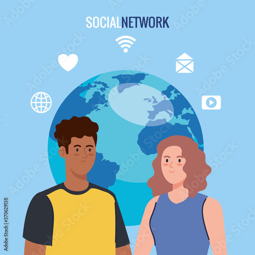 social network, young couple with social media icons vector illustration design © Gstudio