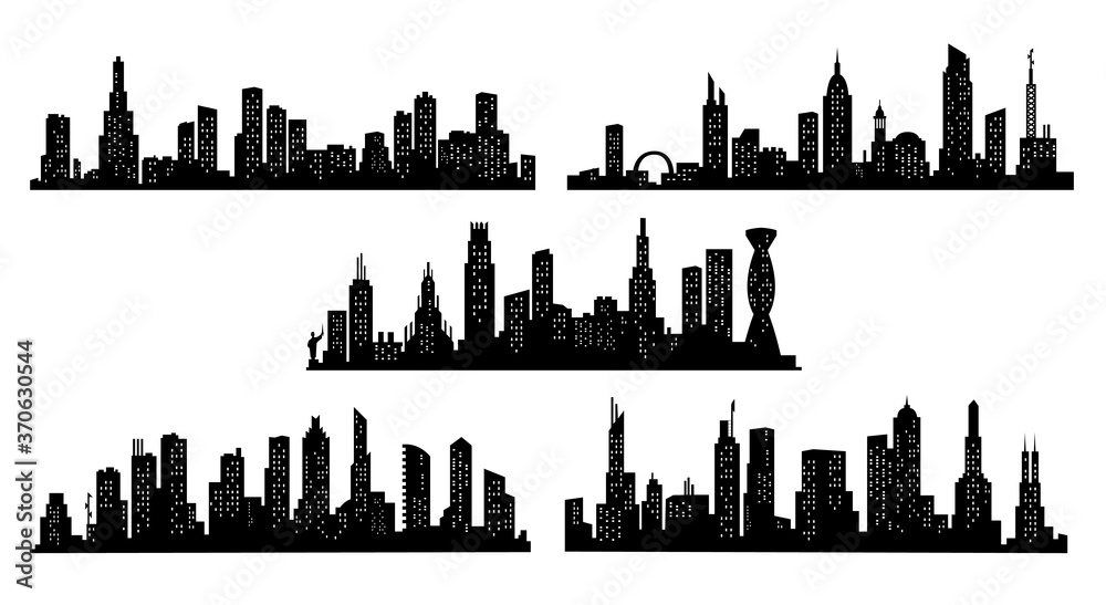 Collection of city silhouettes. Modern urban landscape. Cityscape buildings silhouette on transparent background. City skyline with windows in a flat style