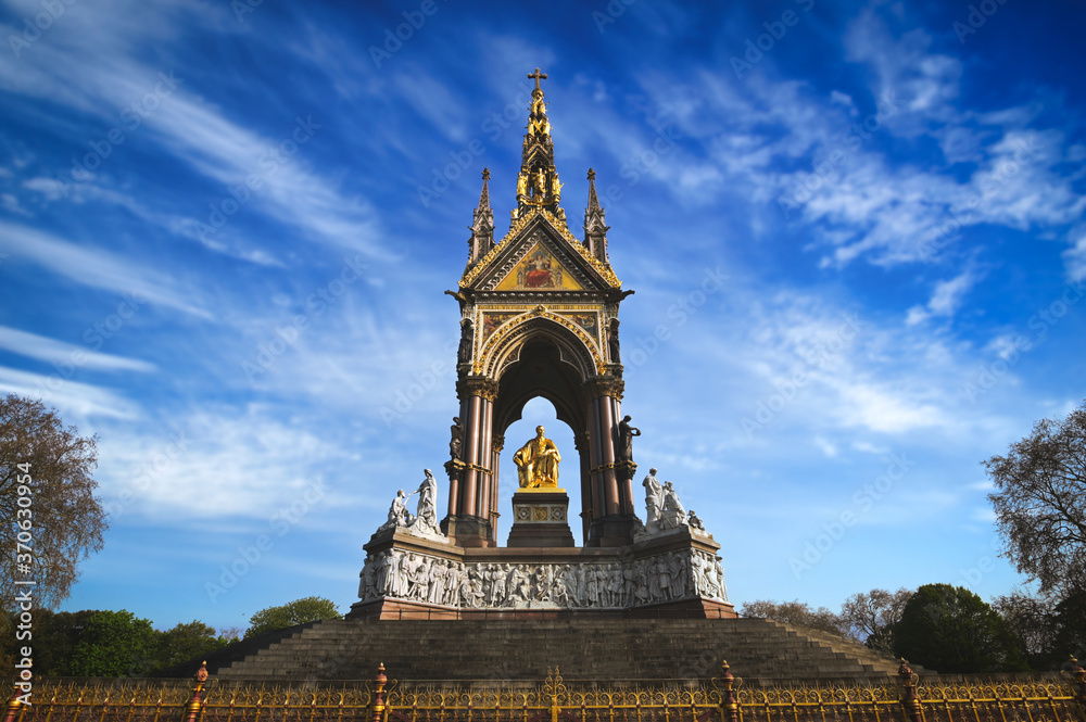London, UK - April 17, 2019 - The Albert Memorial in Kensington Park on sunny spring day in London, UK.