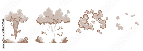 Cartoon explosion effect with smoke. Comic boom effect, explode flash, bomb comic, vector illustration. Explode effect animation. Cartoon bang explosion frames. Animation frames for game
