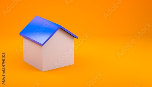 Simple White 3D House with Blue Roof over Orange Background