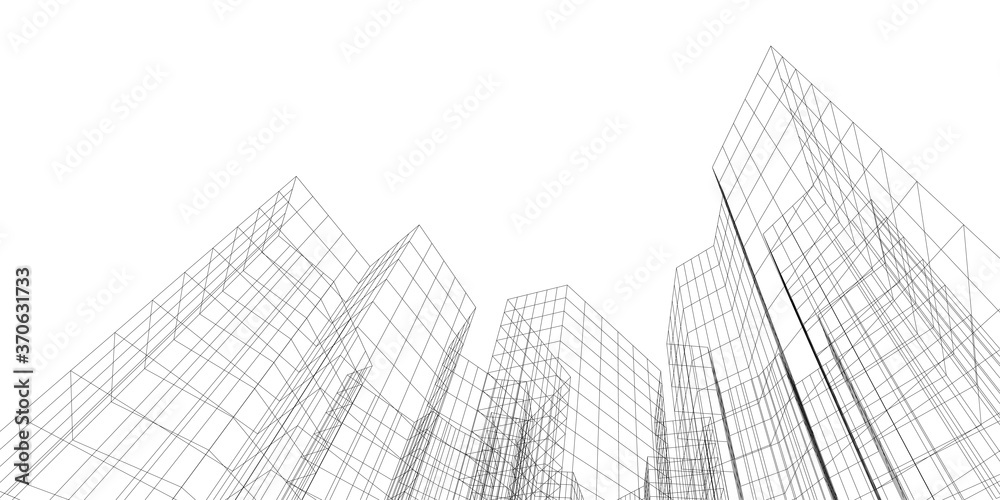 Abstract architectural background. Linear 3D illustration. Concept sketch. Vector
