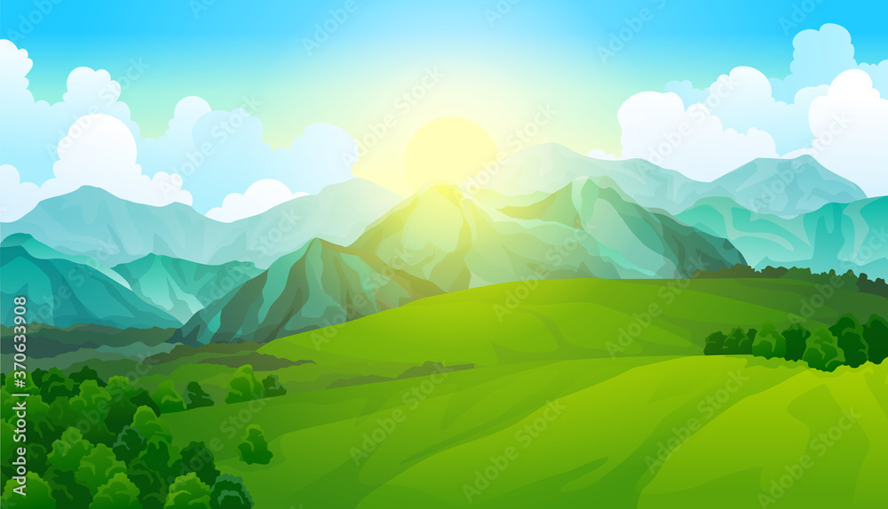 Landscape green meadows with mountains. Summer valley view. Landscape hill field. Wild nature grass and forest in countryside. Summer vector land with sunrise