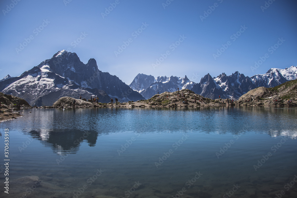 French alps Chamonix Mont Blanc blue lake on the top of the mountain