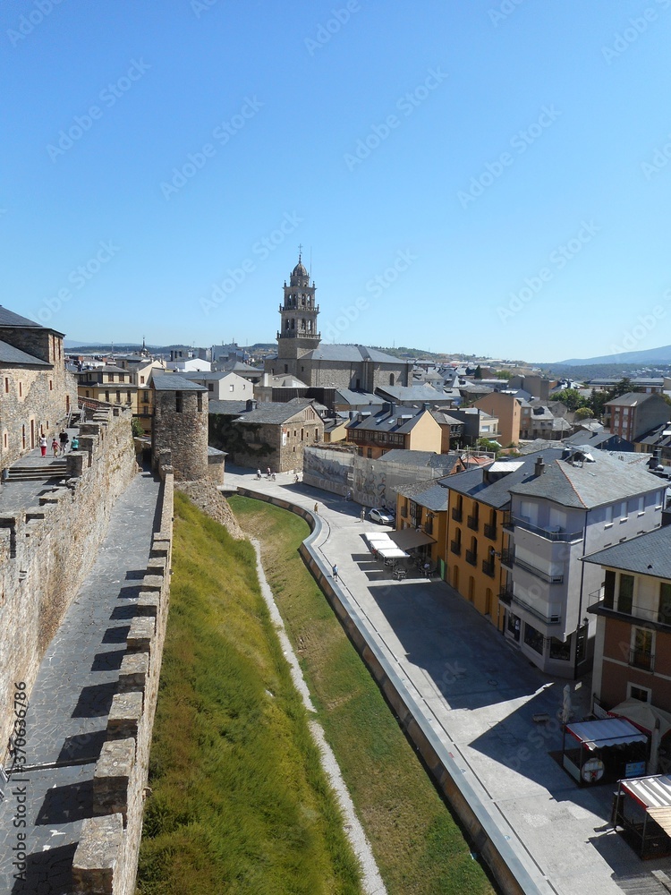 View of  the european city from the castle wall. Ponferrada, Spain