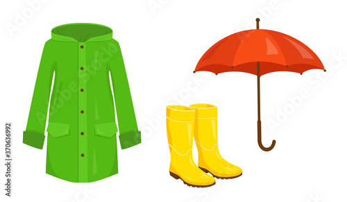 Raincoat, rubber boots and umbrella
