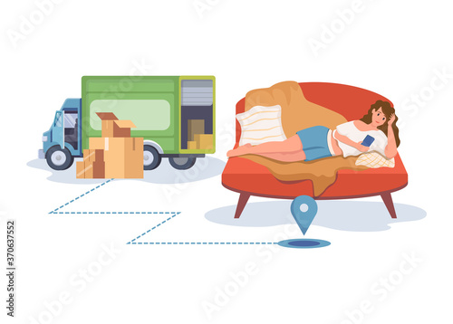 Smiling woman lying on sofa and order delivery on mobile application vector flat cartoon illustration. Delivery truck delivers parcels to costumer. Online shopping and logistics concept.