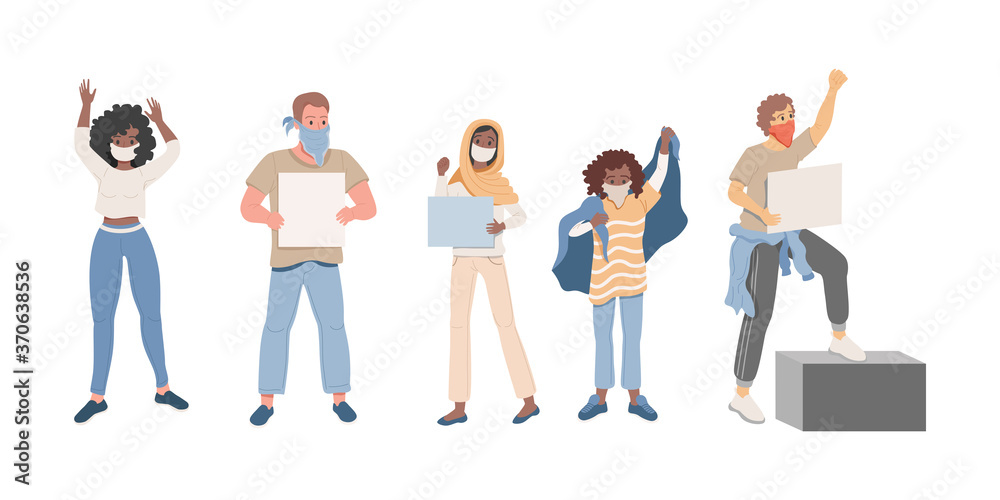 Group of people protesting vector flat illustration. Young men and women holding empty placards and protesting. Social movement against inequality, demonstration, protest, activism, voting concept.