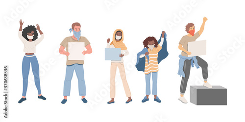 Group of people protesting vector flat illustration. Young men and women holding empty placards and protesting. Social movement against inequality, demonstration, protest, activism, voting concept.