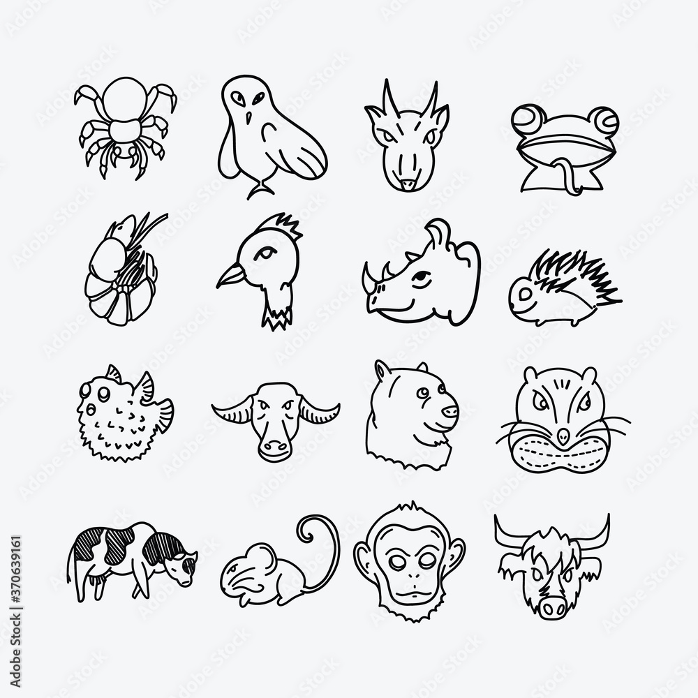Obraz premium Animal vector doodle icons set. Drawing sketch illustration hand drawn line eps10