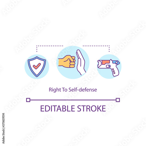 Right to self defense concept icon. Self defending idea thin line illustration. Defensive force. Protection. Security. Stun gun. Vector isolated outline RGB color drawing. Editable stroke