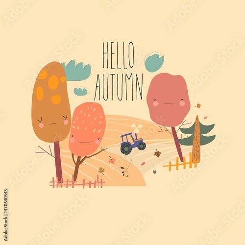 Agricultural autumn landscapes with tractor, hay field and trees. Harvest in countryside.