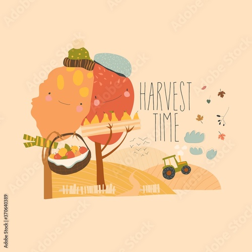 Agricultural autumn landscapes with tractor, hay field and trees. Harvest in countryside.