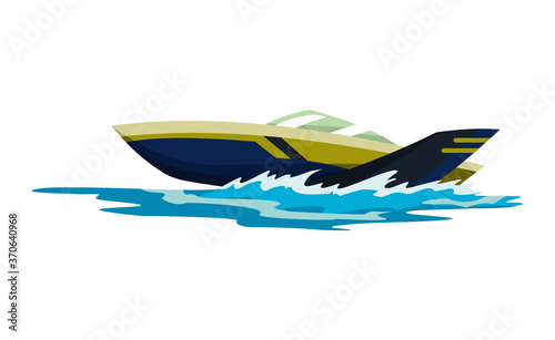 Speed motorboat. Sea or river vehicle. Sport nautical summer transportation. Motorized water vessel on sea water waves. Isolated on white background