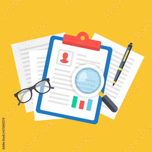 CV. Candidate application form, applicant resume. Employment, job interview concepts. Clipboard with CV, documents, magnifying glass, glasses, pen. Top view. Flat design. Vector illustration