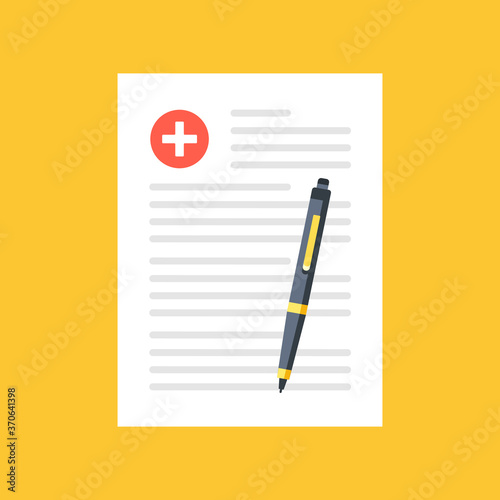 Medical record, medical report, patient information form. Top view. Flat design. Vector illustration