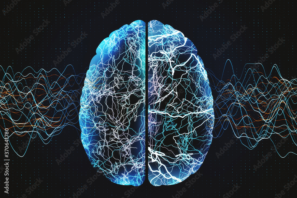Abstract glowing blue brain with color lines o - obrazy, fototapety, plakaty 