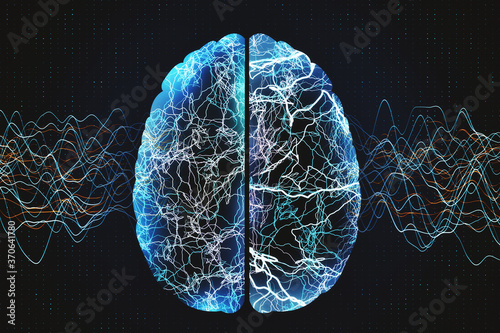 Stampa su tela Abstract glowing blue brain with color lines o