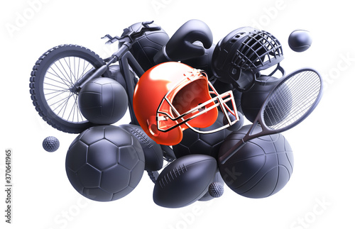 Football helmet 3D rendering. Sport balls pile 3D rendering, mono colored background. Soccer, tennis, basketball, football,boxing, volleyball equipment set isolated on white background.