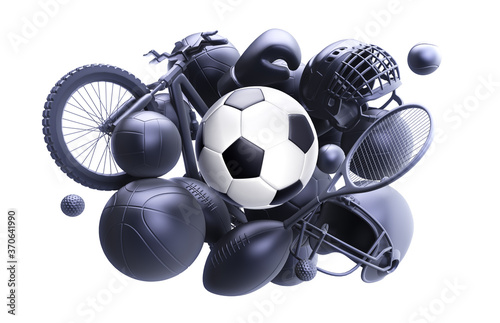 Soccer ball 3D rendering. Sport balls pile 3D rendering, mono colored background. Soccer, tennis, basketball, football,boxing, volleyball equipment set isolated on white background.