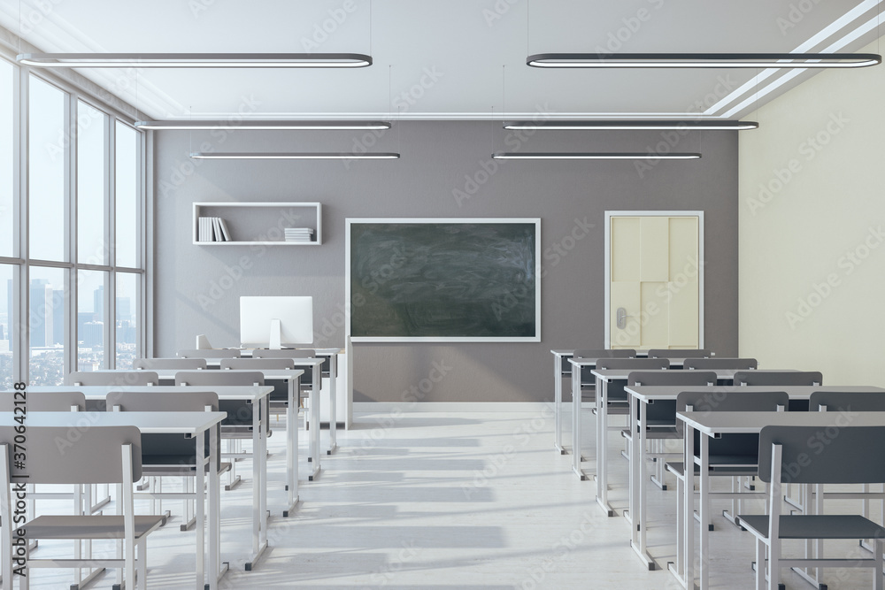 Obraz Light classroom interior with empty chalkboard fototapeta, plakat