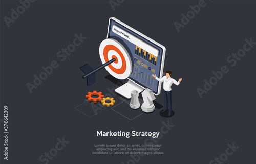 Business Planning And Marketing Strategy Concept. Arrow in The Target On Web Screen With Infographics. Chessmen, Cogs And Man In White Shirt Pointing At The Screen. 3d Isometric Vector Illustration