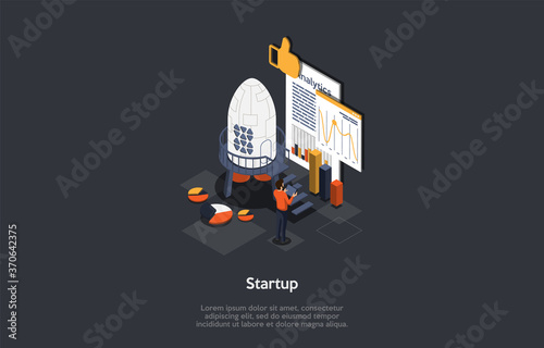Business Planning, Startup And Analytics Concept. Male Character Stands In Front Of Boards With Analytics Thumbs Up And Infographic Information Aside Of The Rocket. 3d Isometric Vector Illustration