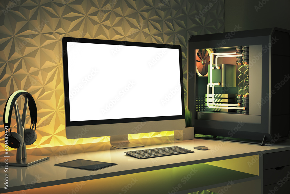Fototapeta premium Creative designer desktop with water-cooled system unit