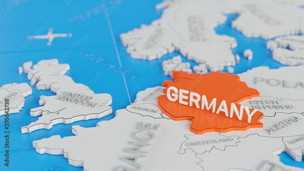 Obraz premium Germany highlighted on a white simplified 3D world map. Digital 3D render.