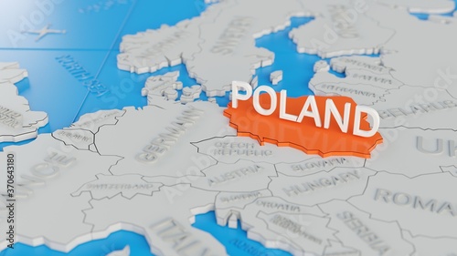 Poland highlighted on a white simplified 3D world map. Digital 3D render.